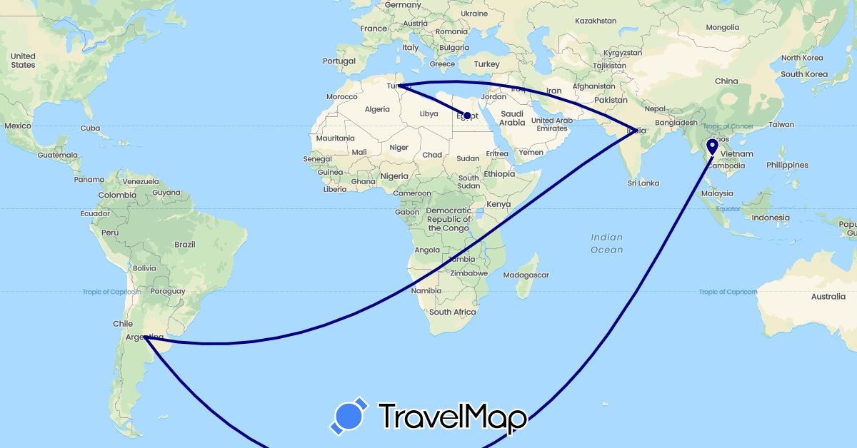 TravelMap itinerary: driving in Argentina, Egypt, India, Thailand, Tunisia (Africa, Asia, South America)